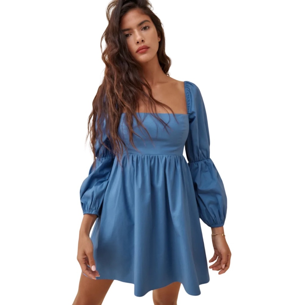 Reformation Blue Square-Neck Puff-Sleeve Mini Dress